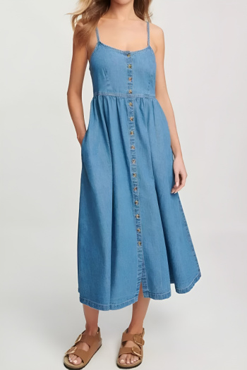 casual non-stretch denim solid color sling midi dress