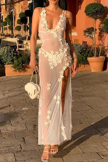 sexy slight stretch solid color patchwork mesh see-through suspender maxi dress