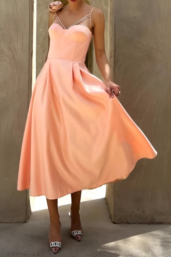 elegant slight stretch patchwork solid color satin 3d flower midi tank dress