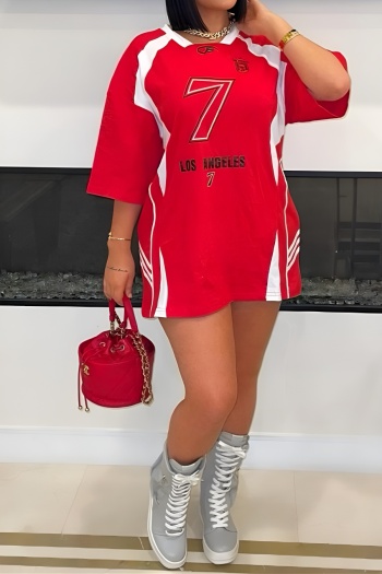 stylish slight stretch contrast patchwork fixed printing short sleeve mini dress