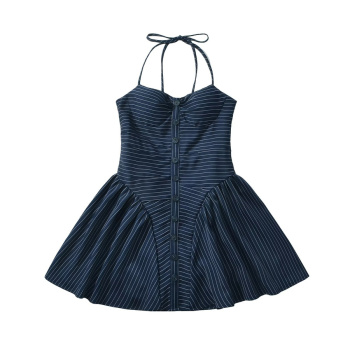 casual non-stretch halter neck striped print single breasted mini dress