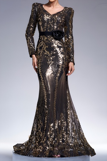elegant slight stretch sequin 3d flower decor padded v-neck mermaid maxi dress