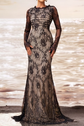 elegant slight stretch lace stitching padded long sleeve mermaid maxi dress