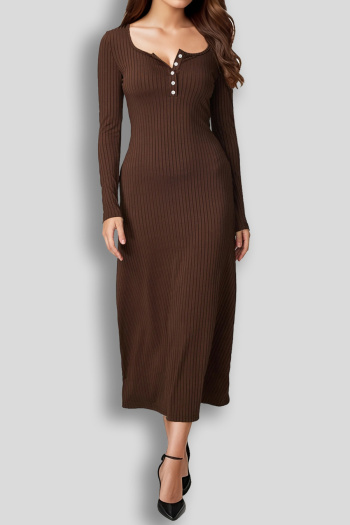 casual slight stretch pure color long sleeve button midi dress