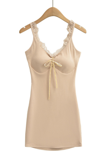 casual slight stretch 6colors lace trim v-neck padded mini dress(size run small)