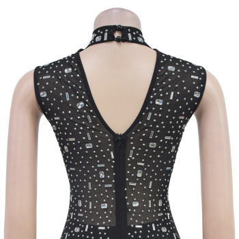 Sexy plus size slight stretch mesh rhinestone slim slit maxi dress with briefs