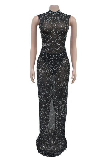 Sexy plus size slight stretch mesh rhinestone slim slit maxi dress with briefs