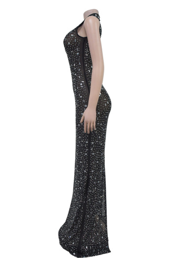 Sexy plus size slight stretch mesh rhinestone slim slit maxi dress with briefs