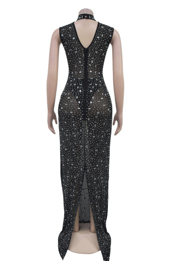 Sexy plus size slight stretch mesh rhinestone slim slit maxi dress with briefs