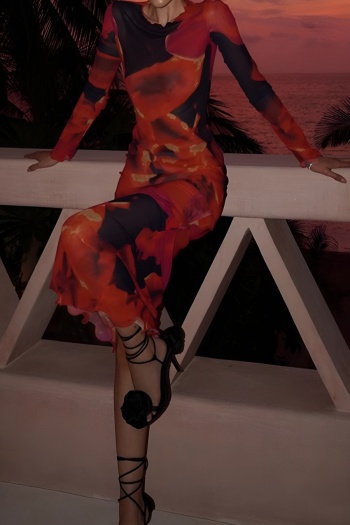 sexy slight stretch see-through mesh crew neck batch printing maxi dress