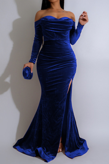 s-2xl elegant slight stretch velvet high slit maxi dress