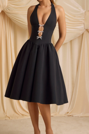 sexy non-stretch solid color halter neck deep v pearl bow decor midi dress