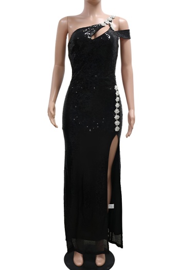 Plus size slight stretch sequin hollow one shoulder sexy slit maxi dress