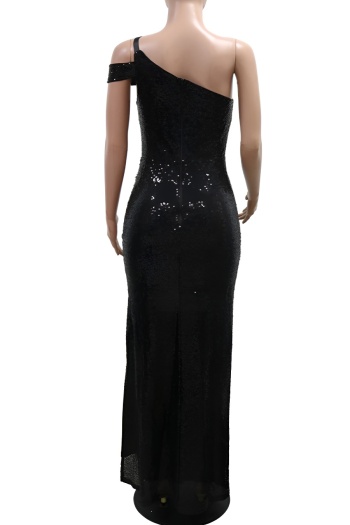 Plus size slight stretch sequin hollow one shoulder sexy slit maxi dress