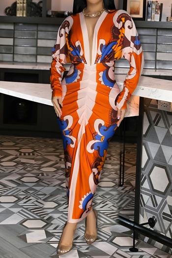 plus size geometric pattern printing stretch casual v-neck midi dress