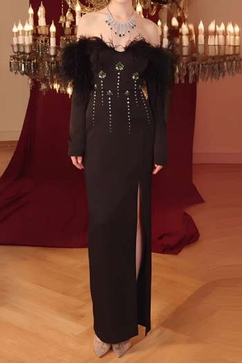 elegant slight stretch rhinestone feather off shoulder high slit maxi dress