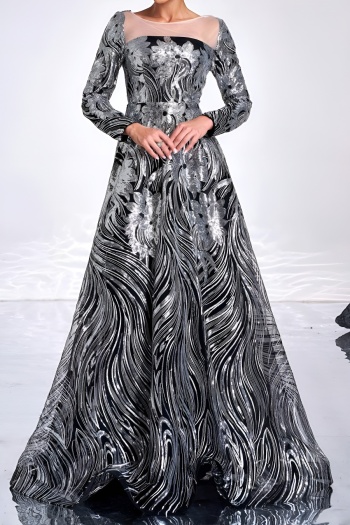 elegant slight stretch sequin mesh patchwork padded long sleeve maxi dress