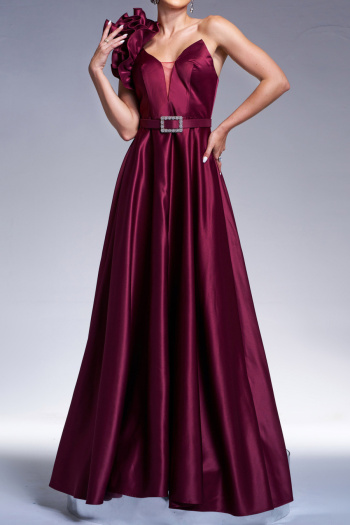 elegant slight stretch pure color padded one shoulder with belt maxi dress