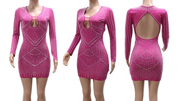 Sexy plus size slight stretch deep v rhinestone tight hollow backless mini dress
