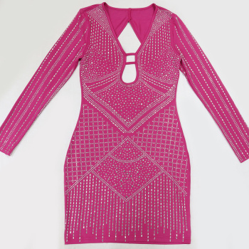 Sexy plus size slight stretch deep v rhinestone tight hollow backless mini dress