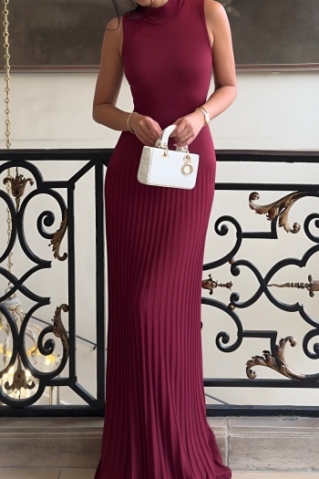 new slight stretch solid color cotton knit high-neck pleated maxi tank dress