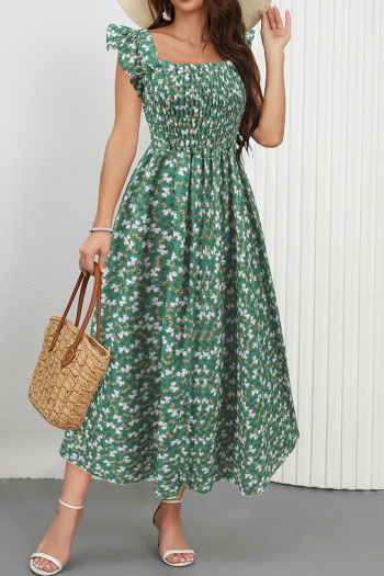 new classic style slight stretch patchwork contrast pleated midi floral dress