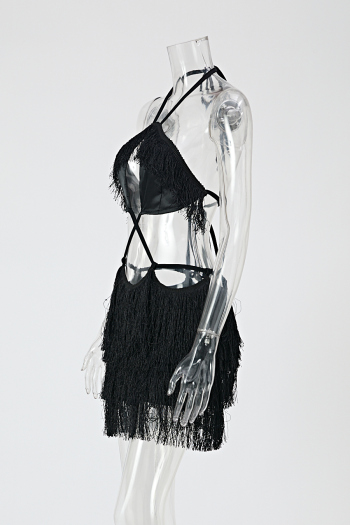 Sexy slight stretch halter-neck hollow out tassel bodycon mini dress