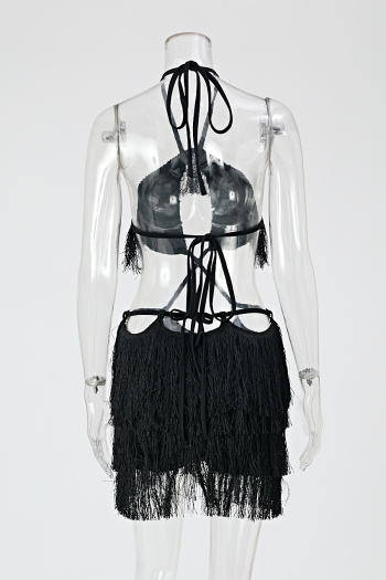 Sexy slight stretch halter-neck hollow out tassel bodycon mini dress