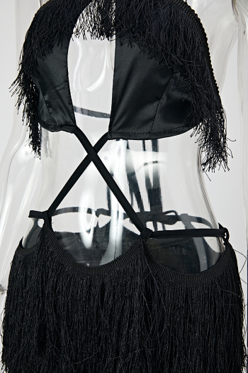 Sexy slight stretch halter-neck hollow out tassel bodycon mini dress