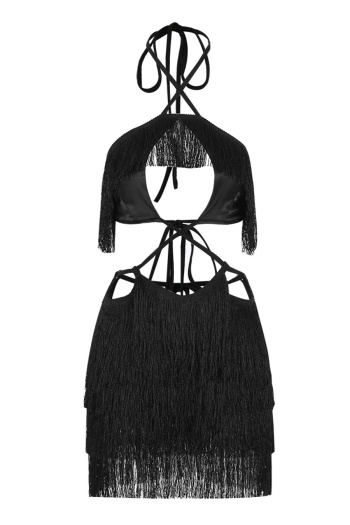 Sexy slight stretch halter-neck hollow out tassel bodycon mini dress