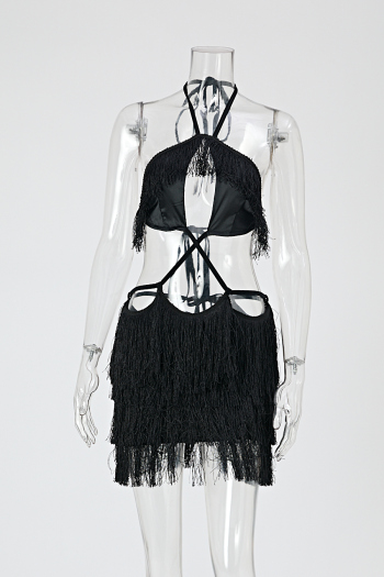 Sexy slight stretch halter-neck hollow out tassel bodycon mini dress