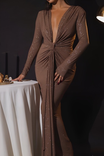 new no-stretch 4-color patchwork pleated deep v-neck long sleeve maxi dress