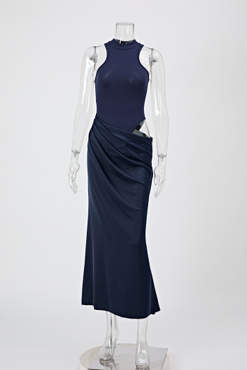 Sexy slight stretch satin stitching slim hollow sleeveless maxi dress