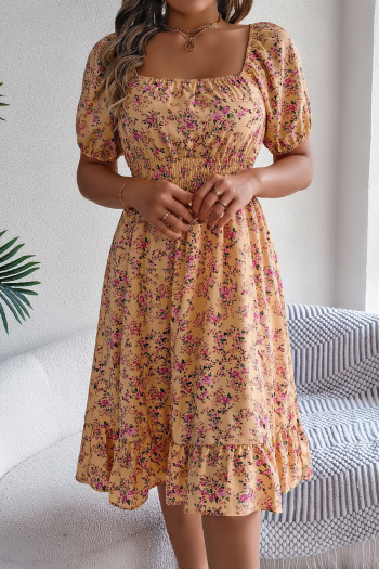 casual non-stretch 6-colors floral batch printing short-sleeved midi dress