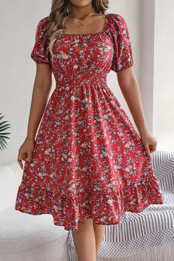 Casual non-stretch 6-colors floral batch printing short-sleeved midi dress