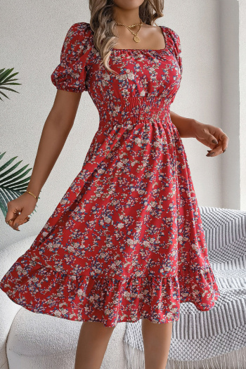 Casual non-stretch 6-colors floral batch printing short-sleeved midi dress