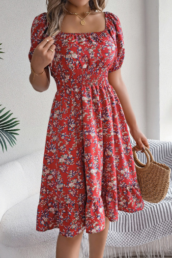 Casual non-stretch 6-colors floral batch printing short-sleeved midi dress