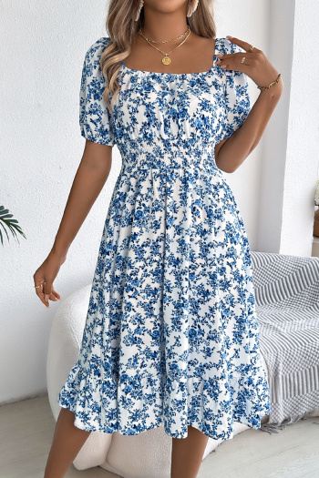 Casual non-stretch 6-colors floral batch printing short-sleeved midi dress