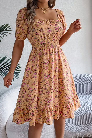 Casual non-stretch 6-colors floral batch printing short-sleeved midi dress