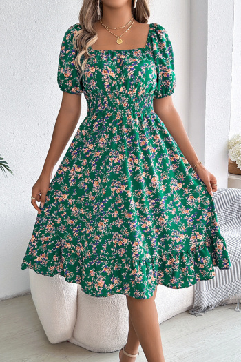 Casual non-stretch 6-colors floral batch printing short-sleeved midi dress