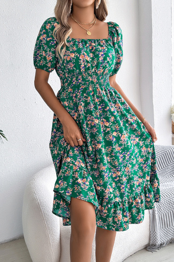 Casual non-stretch 6-colors floral batch printing short-sleeved midi dress