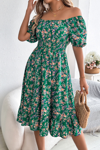 Casual non-stretch 6-colors floral batch printing short-sleeved midi dress