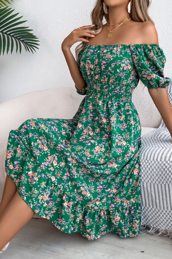 Casual non-stretch 6-colors floral batch printing short-sleeved midi dress