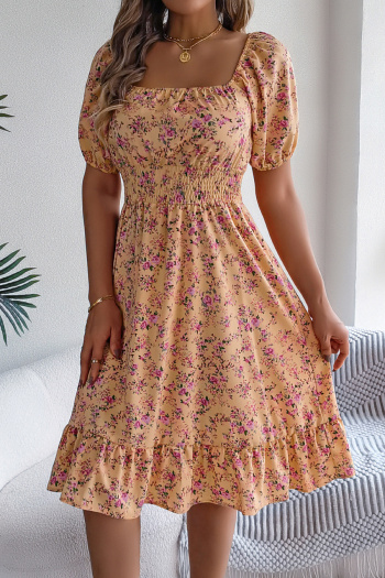 Casual non-stretch 6-colors floral batch printing short-sleeved midi dress