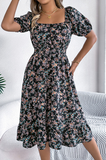 Casual non-stretch 6-colors floral batch printing short-sleeved midi dress
