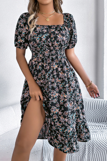 Casual non-stretch 6-colors floral batch printing short-sleeved midi dress