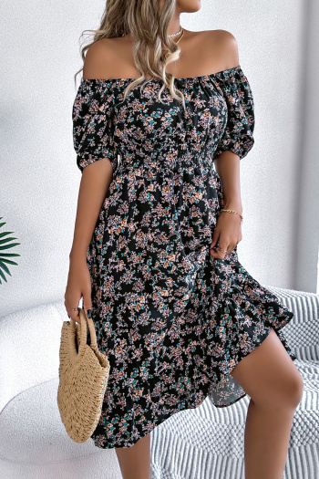 Casual non-stretch 6-colors floral batch printing short-sleeved midi dress