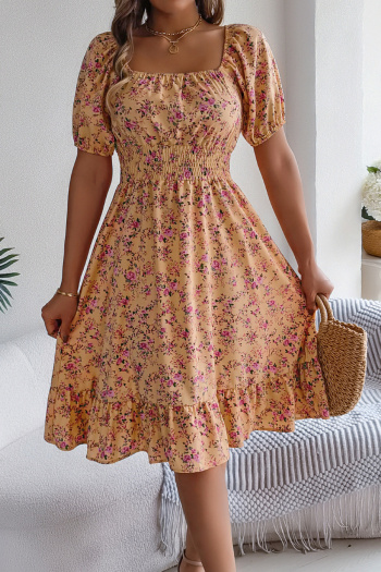 Casual non-stretch 6-colors floral batch printing short-sleeved midi dress
