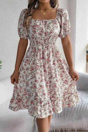 Casual non-stretch 6-colors floral batch printing short-sleeved midi dress