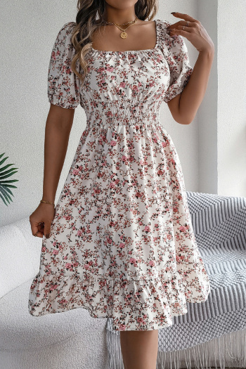 Casual non-stretch 6-colors floral batch printing short-sleeved midi dress